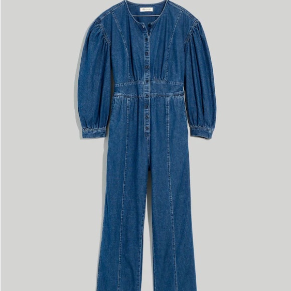 Madewell Jumpsuit Womens 8 Denim Straight-Leg Puff Long Sleeve Utility Carpenter - Picture 3 of 9